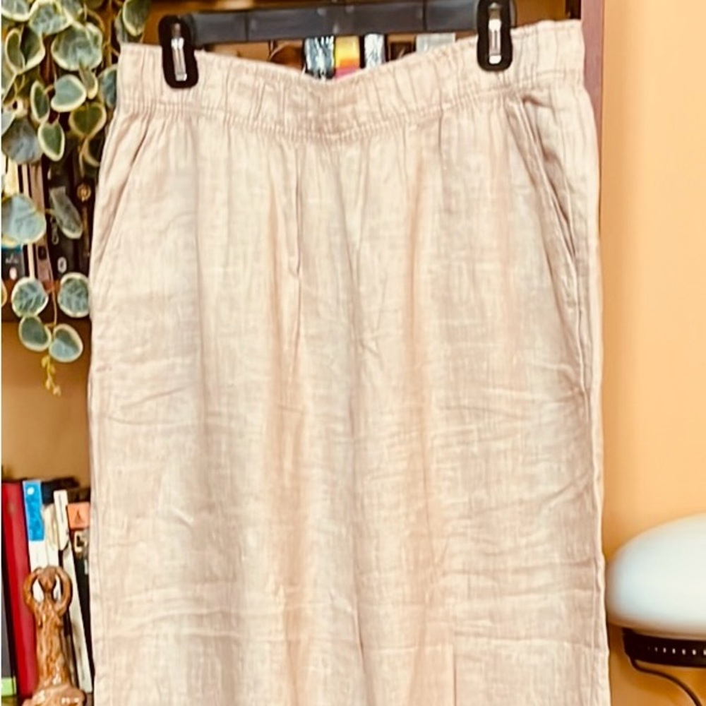 Tahari Pants Beige/Tan 100% Linen Wide Leg 
Elastictic Waistband Pockets L